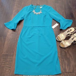 NWT Donna Morgan Teal 3/4 Ruffle Sleeve Sheath Dress Size 6